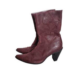 Burgundy Leather Boots Floral Applique Pointed Western Boho Cossack by Spiral